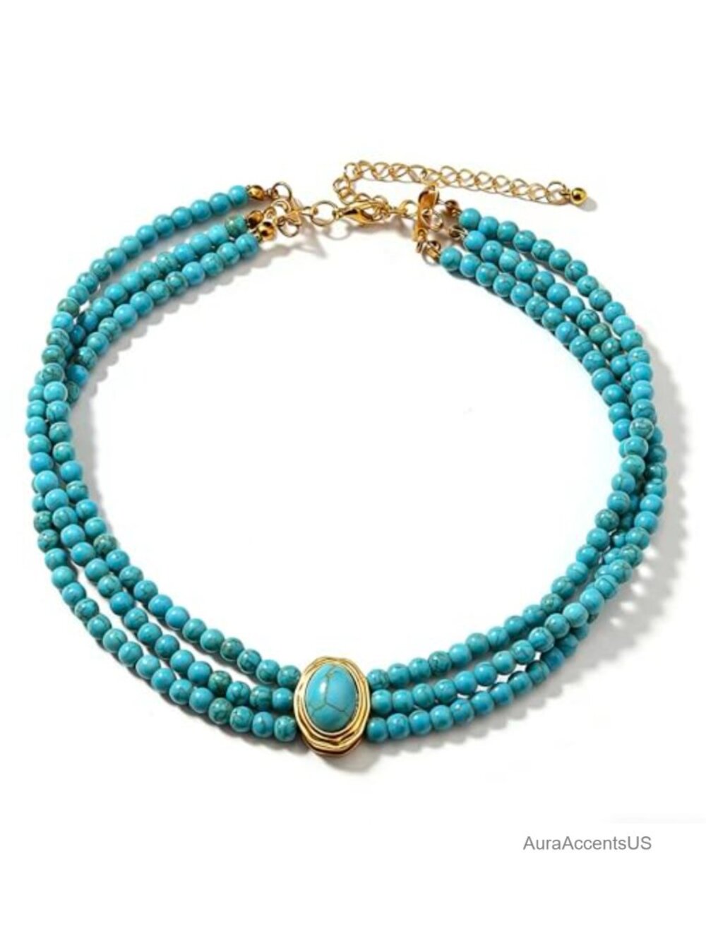 SukAmi Turquoise Choker Necklace 3 Layer Multi Strand Bib Pendant Party Jewelry